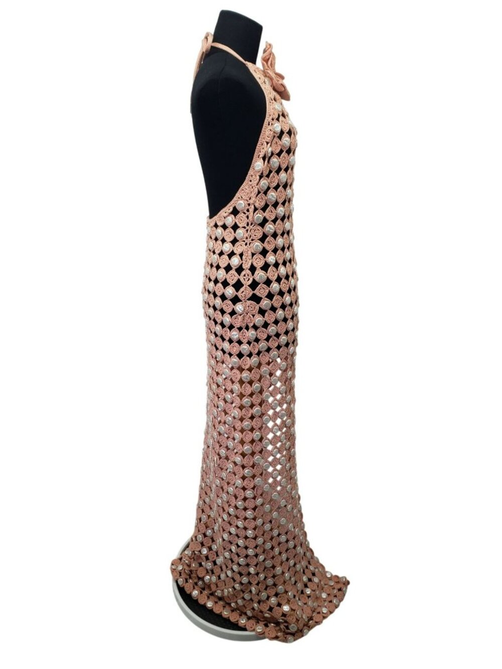 Toccin Pink Crochet Faux Mother of Pearl Button Rosette Halter Maxi Dress - Picture 4 of 15